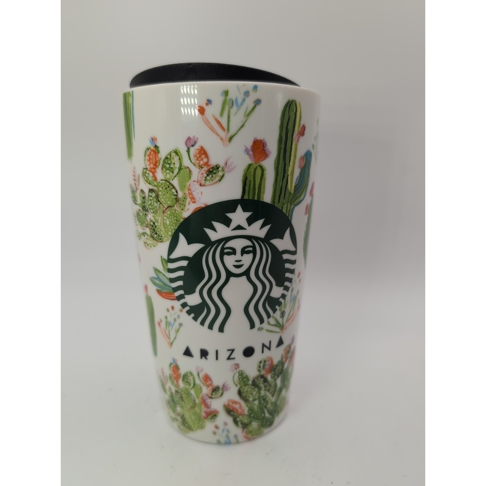 Starbucks ARIZONA Ceramic Cactus Floral Scene 12oz Travel Mug Cup Tumbler